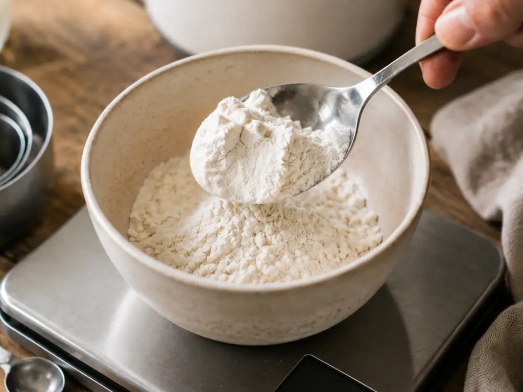 Close-up of flour being measured into a ceramic bowl on a digital kitchen scale.