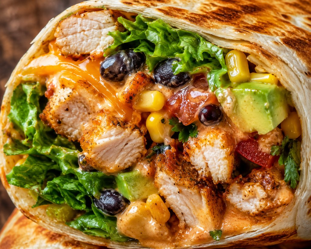 Extreme close-up of a toasted Southwest Chicken Wrap cut in half, filled with juicy seasoned chicken, creamy southwest sauce, black beans, corn, cheddar cheese, avocado, tomatoes, romaine lettuce, and cilantro.