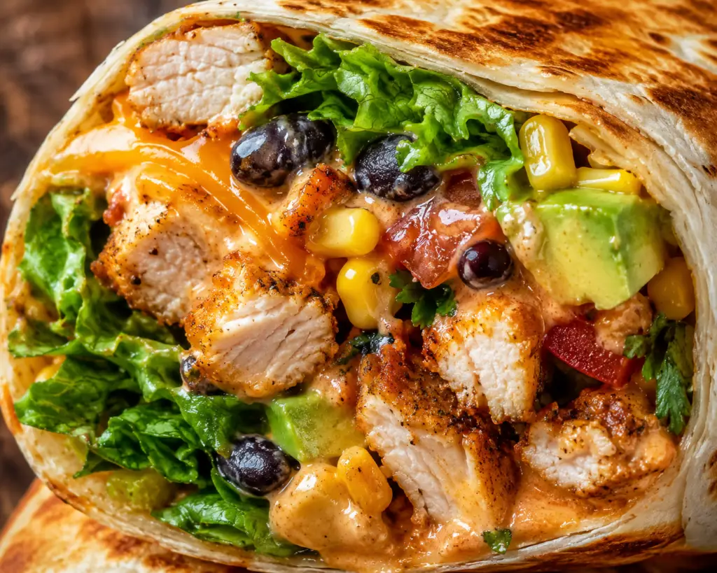 Extreme close-up of a toasted Southwest Chicken Wrap cut in half, filled with juicy seasoned chicken, creamy southwest sauce, black beans, corn, cheddar cheese, avocado, tomatoes, romaine lettuce, and cilantro.