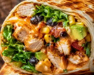 Extreme close-up of a toasted Southwest Chicken Wrap cut in half, filled with juicy seasoned chicken, creamy southwest sauce, black beans, corn, cheddar cheese, avocado, tomatoes, romaine lettuce, and cilantro.