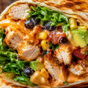 Extreme close-up of a toasted Southwest Chicken Wrap cut in half, filled with juicy seasoned chicken, creamy southwest sauce, black beans, corn, cheddar cheese, avocado, tomatoes, romaine lettuce, and cilantro.