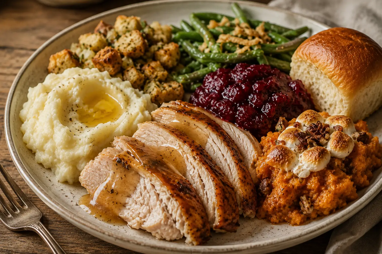 Close-up plate of sliced Thanksgiving turkey with mashed potatoes, stuffing, green beans, cranberry sauce, sweet potato casserole, and a dinner roll.