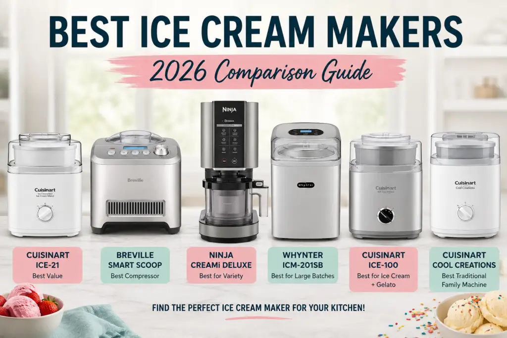Best ice cream makers of 2026 compared side by side, including Cuisinart, Breville, Ninja CREAMi and Whynter models.