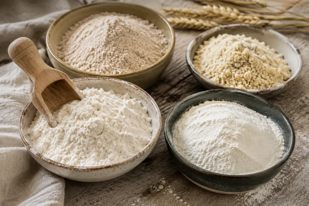 Close-up of four ceramic bowls filled with different types of flour on a rustic wooden table.