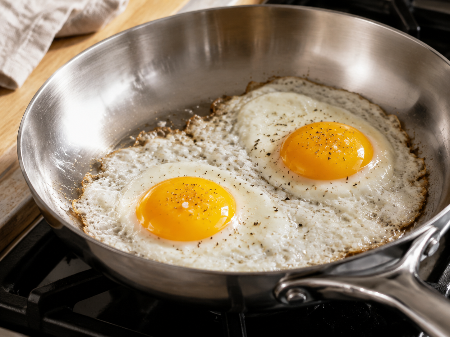 ways to cook eggs guide- All the Ways to Cook Eggs — Every Method Explained for Beginners Two sunny-side-up eggs with crisp edges cooking in a stainless steel fry pan.