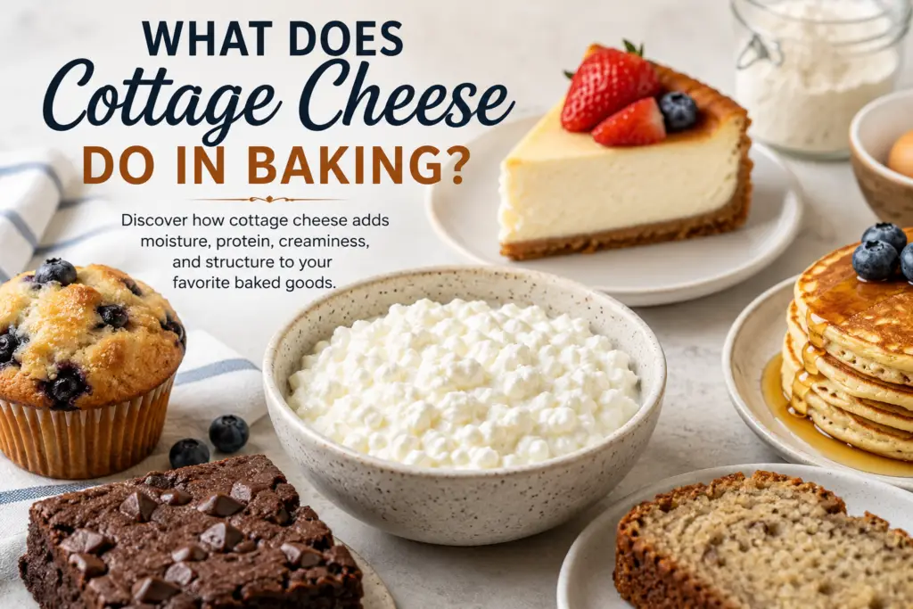 Cottage cheese surrounded by cheesecake, blueberry muffins, brownies, pancakes and banana bread showing what cottage cheese does in baking.