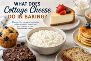 Cottage cheese surrounded by cheesecake, blueberry muffins, brownies, pancakes and banana bread showing what cottage cheese does in baking.