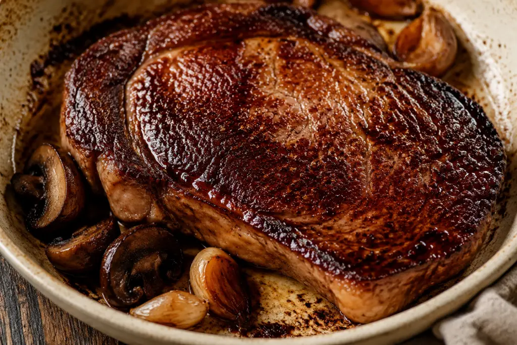 Close-up of a deeply seared steak with caramelized mushrooms and roasted garlic in a cream-colored skillet.