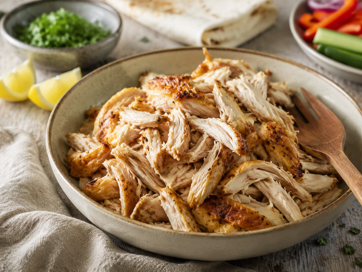 what to do with leftover chicken- 15 Things to Do with Leftover Chicken — No-Waste Cooking Guide Close-up of shredded roasted chicken in a ceramic bowl with tortillas, fresh herbs, lemon wedges, and vegetables nearby.