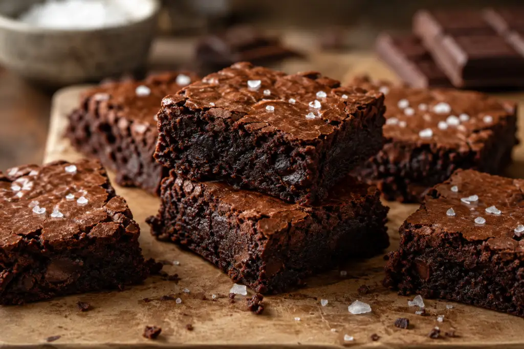 Fudgy chocolate brownies topped with flaky sea salt, stacked on a rustic wooden board with chocolate pieces in the background.