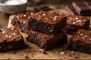 Fudgy chocolate brownies topped with flaky sea salt, stacked on a rustic wooden board with chocolate pieces in the background.