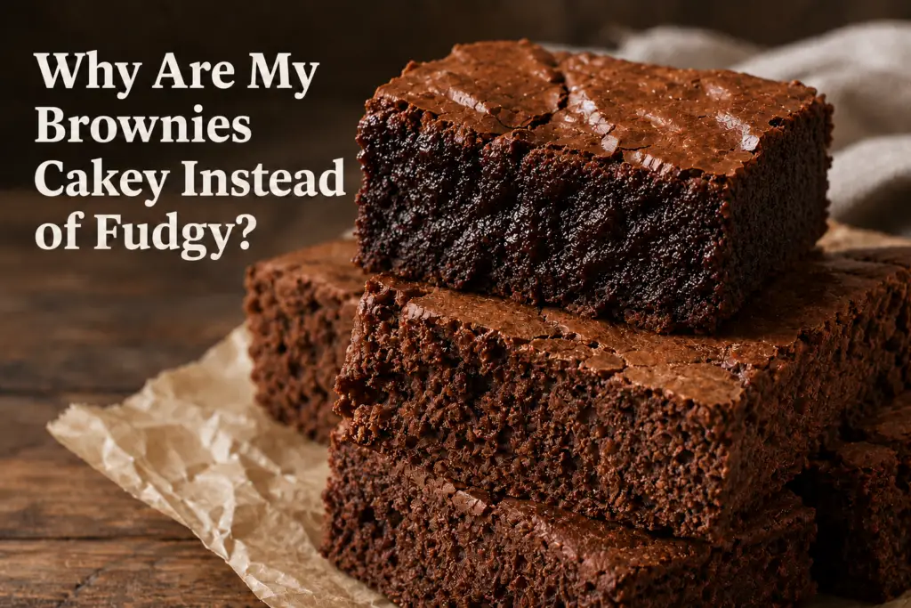 Close-up comparison of a fudgy brownie resting on a stack of cakey brownies with the text, “Why Are My Brownies Cakey Instead of Fudgy?”