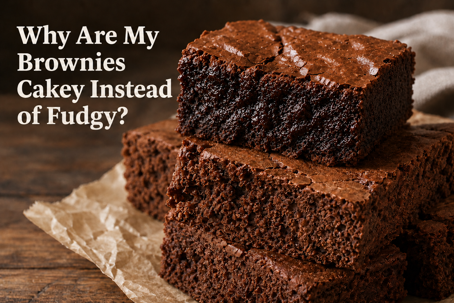 - Why Are My Brownies Cakey Instead of Fudgy? — What Went Wrong Close-up comparison of a fudgy brownie resting on a stack of cakey brownies with the text, “Why Are My Brownies Cakey Instead of Fudgy?”