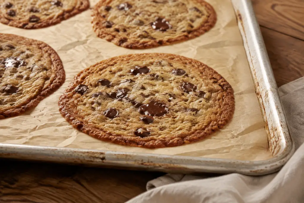 Flat chocolate chip cookies with crisp edges on a parchment-lined baking sheet.