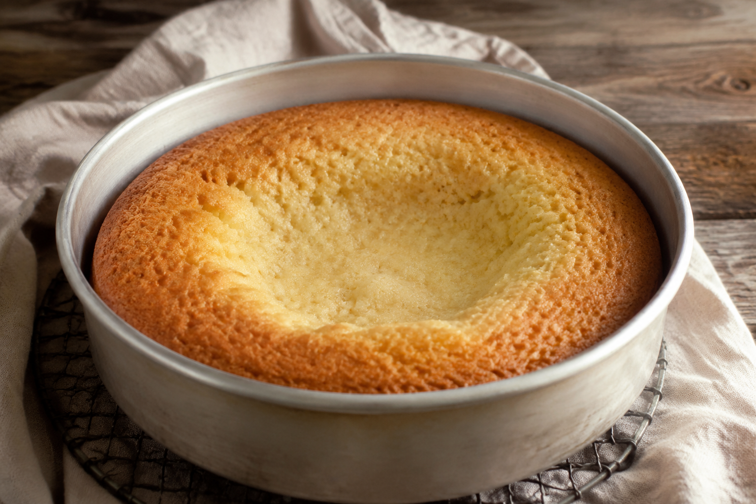 Homemade vanilla cake sunk in the middle while cooling in a round baking pan.