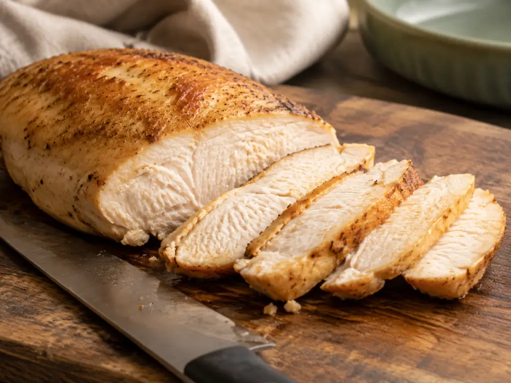 Close-up of sliced chicken breast on a rustic wooden cutting board showing the cooked texture inside.