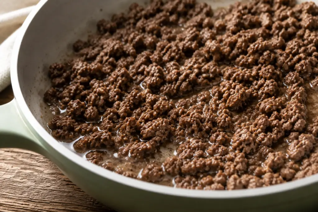 Close-up of cooked ground beef releasing excess liquid in a sage green Caraway skillet.
