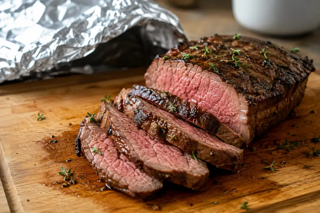 Juicy sliced roast beef resting on a wooden cutting board with fresh herbs and foil in the background.