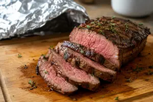 Juicy sliced roast beef resting on a wooden cutting board with fresh herbs and foil in the background.