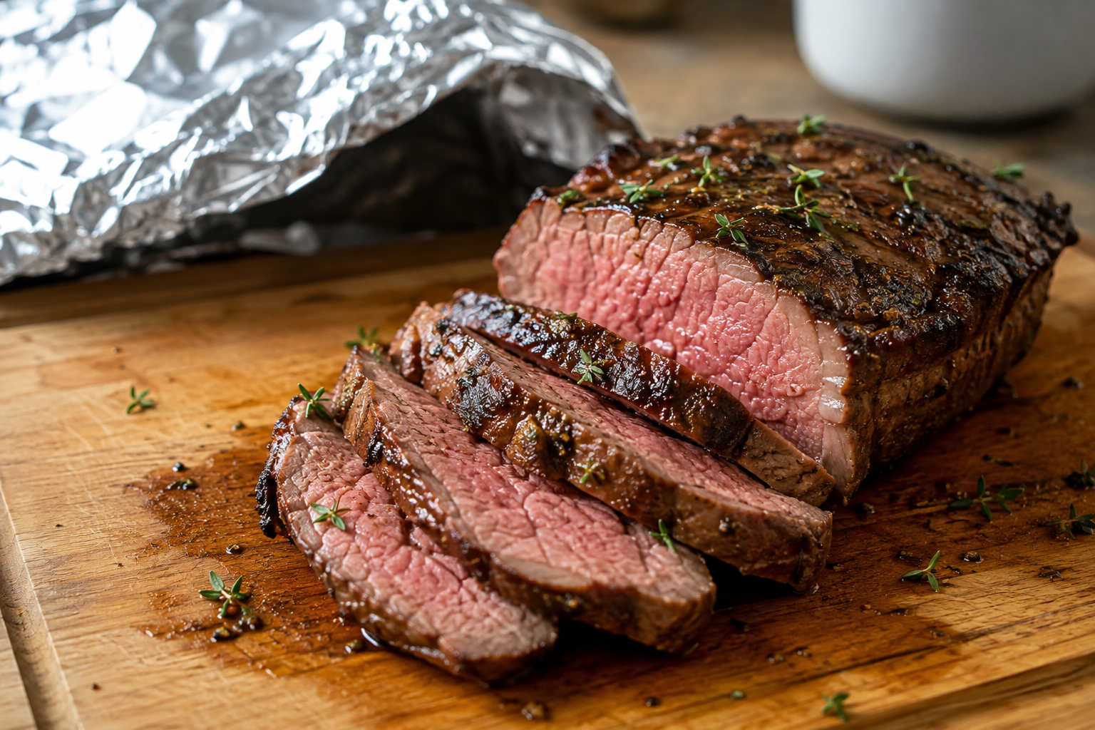 why let meat rest after cooking- How Resting Meat After Cooking Changes Everything (Chicken, Beef, and More) Juicy sliced roast beef resting on a wooden cutting board with fresh herbs and foil in the background.