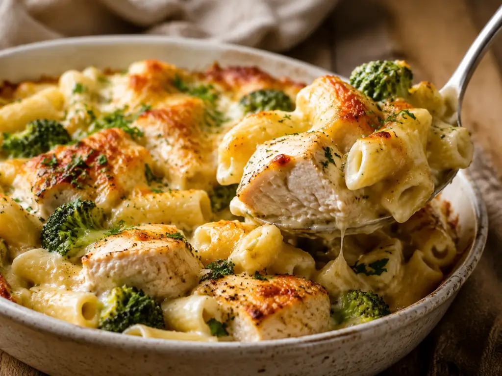 Close-up of creamy high-protein chicken pasta with broccoli, melted cheese, and fresh parsley in a rustic ceramic baking dish.