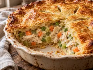 Chicken pot pie in a ceramic dish with one slice removed, showing creamy chicken and vegetables beneath a golden crust.