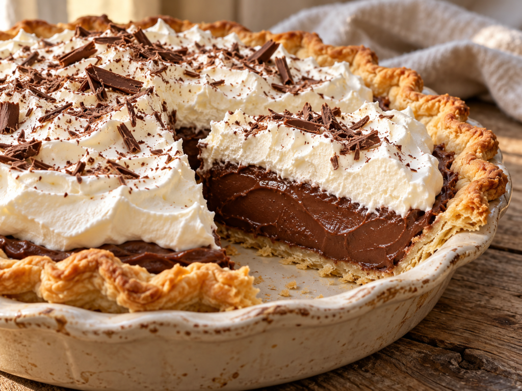 Chocolate cream pie with one slice cut to show the chocolate filling, flaky crust, and whipped cream topping.