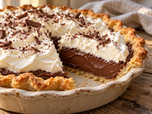 Chocolate cream pie with one slice cut to show the chocolate filling, flaky crust, and whipped cream topping.