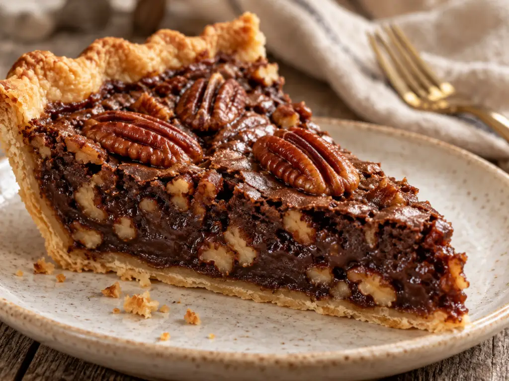 slice of chocolate pecan pie with gooey chocolate filling, toasted pecans, and a flaky golden crust.