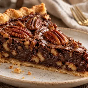 chocolate pecan pie- Chocolate Pecan Pie slice of chocolate pecan pie with gooey chocolate filling, toasted pecans, and a flaky golden crust.