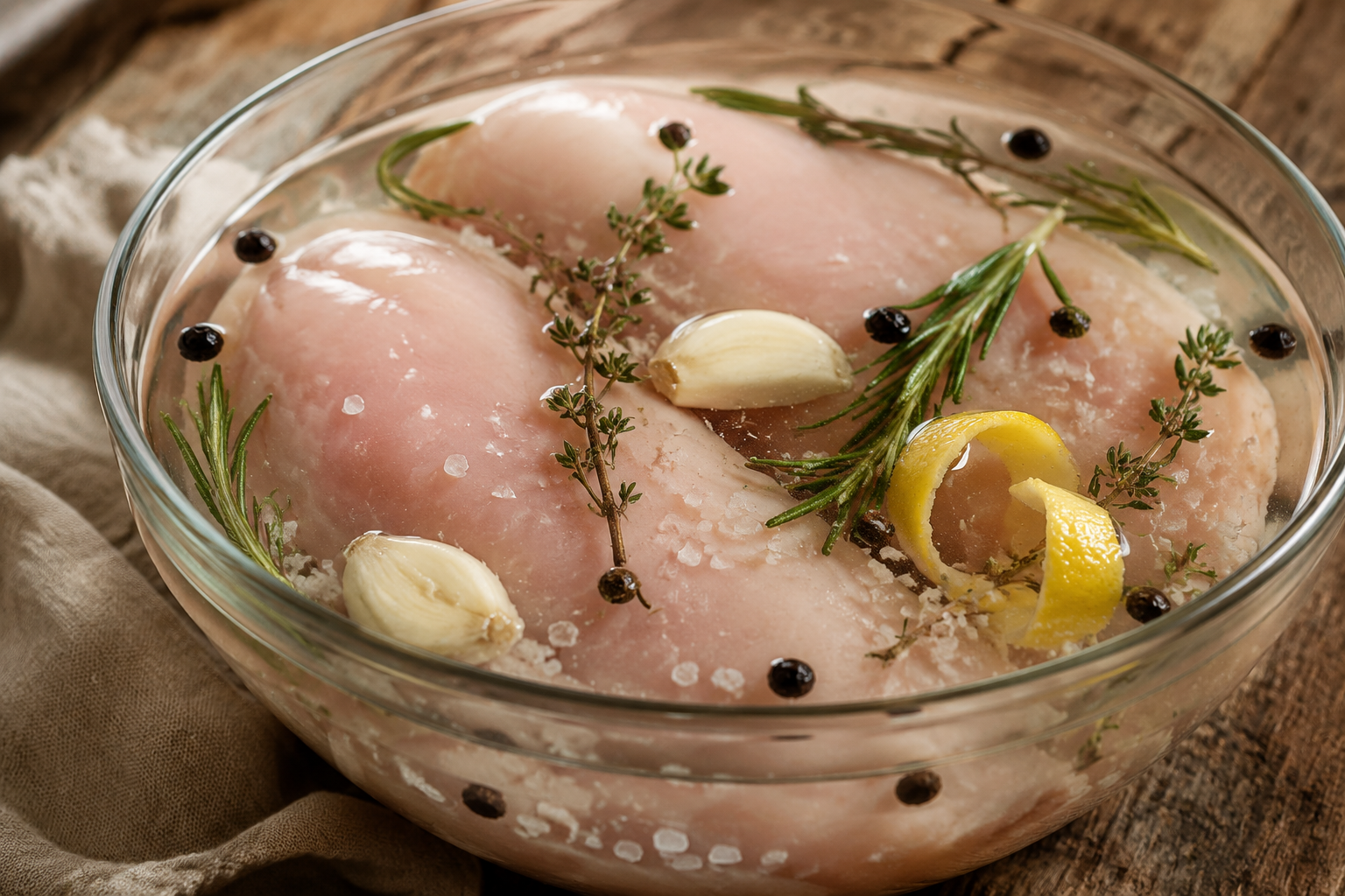 Raw chicken breasts soaking in a saltwater brine with garlic, rosemary, thyme, peppercorns, and lemon peel in a glass bowl.