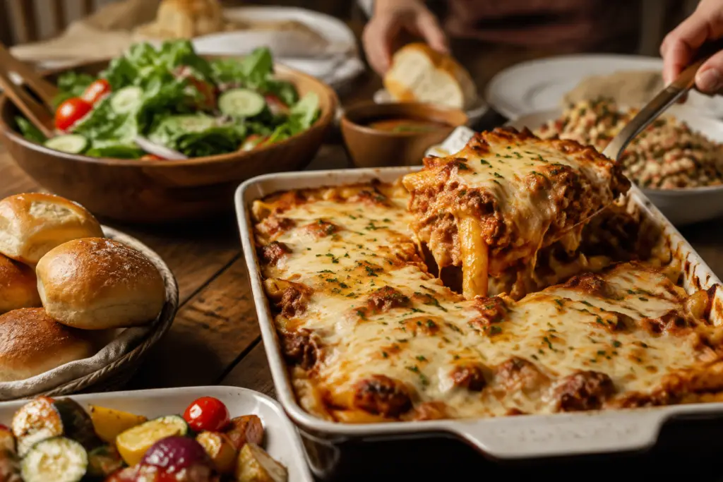 Up-close view of baked pasta with melted cheese surrounded by salad, roasted vegetables, and dinner rolls for a crowd.