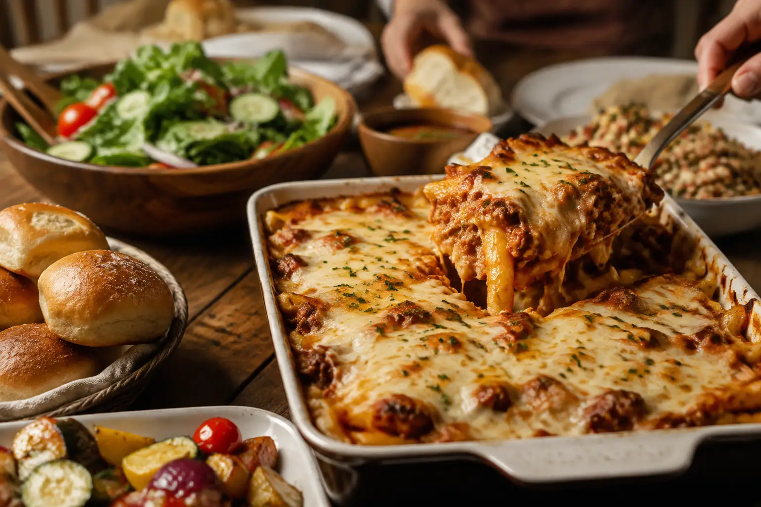 Up-close view of baked pasta with melted cheese surrounded by salad, roasted vegetables, and dinner rolls for a crowd.