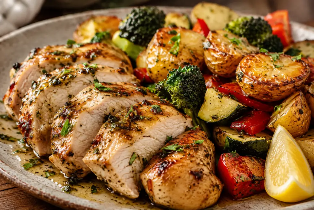 Close-up of sliced herb-grilled chicken with roasted potatoes, broccoli, zucchini, and red bell peppers.