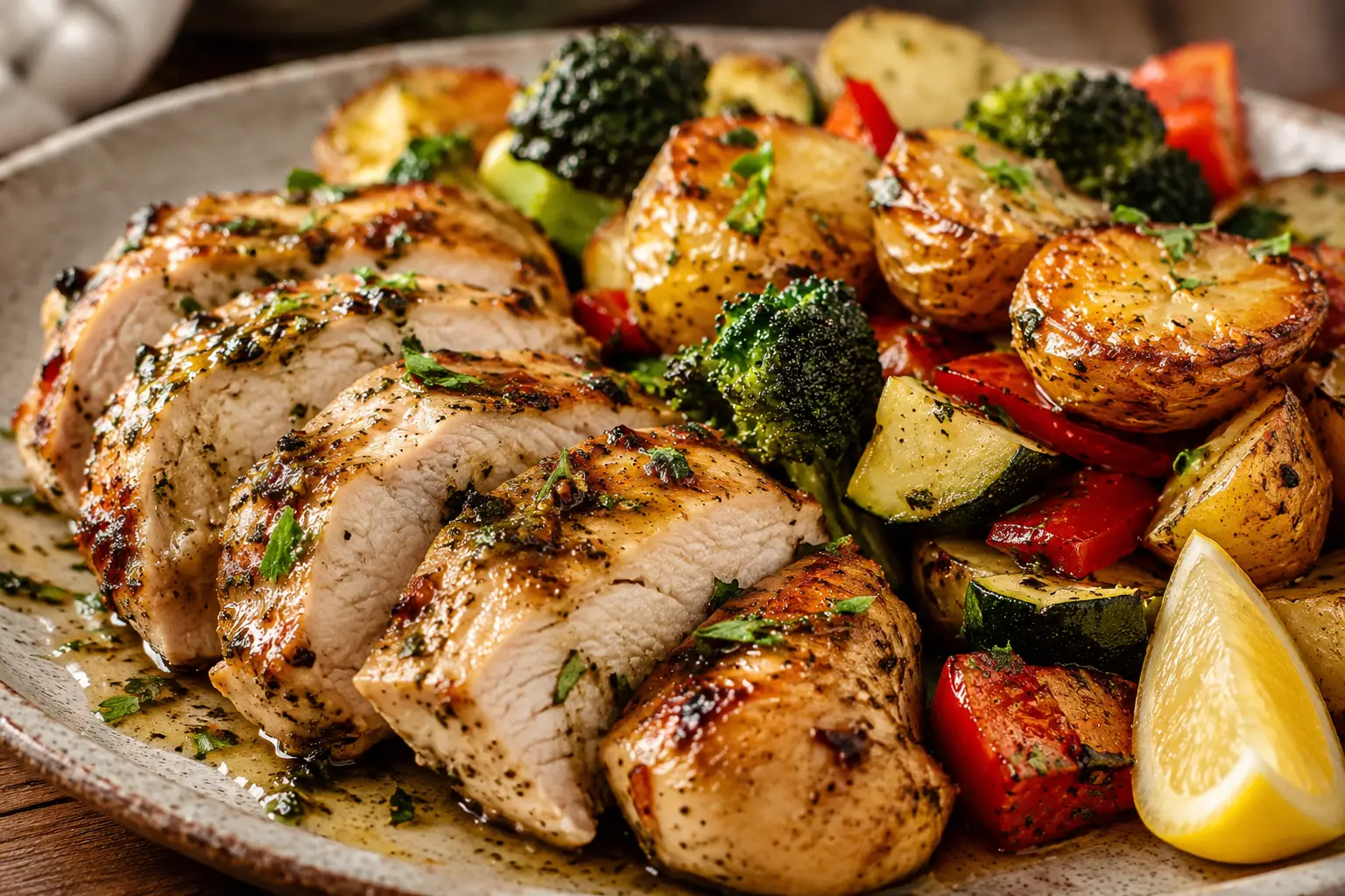 Close-up of sliced herb-grilled chicken with roasted potatoes, broccoli, zucchini, and red bell peppers.