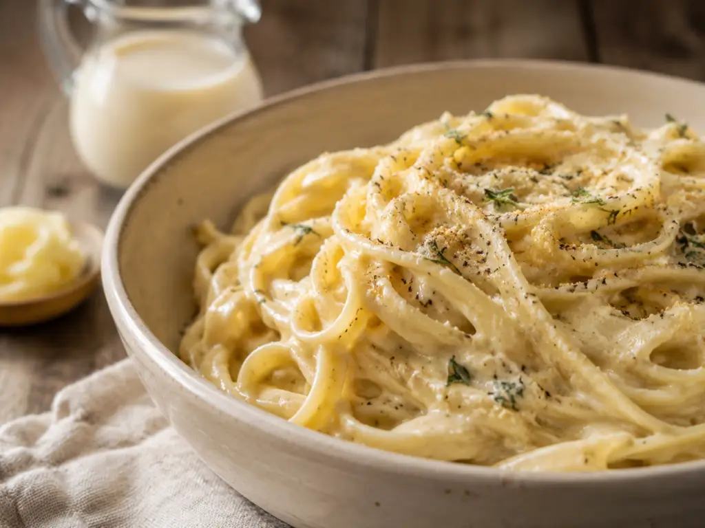 creamy dairy-free garlic pasta topped with black pepper, herbs, and dairy-free Parmesan in a rustic ceramic bowl.