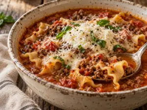 Lasagna soup with ground beef, ruffled noodles, ricotta, mozzarella, Parmesan, and basil in a bowl.