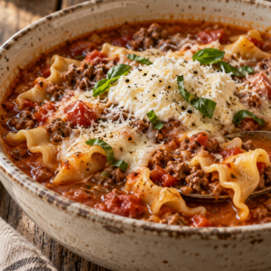 lasagna soup- Lasagna Soup With Ground Beef Lasagna soup with ground beef, ruffled noodles, ricotta, mozzarella, Parmesan, and basil in a bowl.