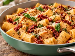 Marry Me Chicken Pasta with chicken, rigatoni, and sun-dried tomatoes