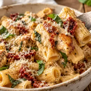 marry me chicken pasta- Marry Me Chicken Pasta Fork lifting creamy rigatoni, chicken, and sun-dried tomatoes above a bowl of Marry Me Chicken Pasta.