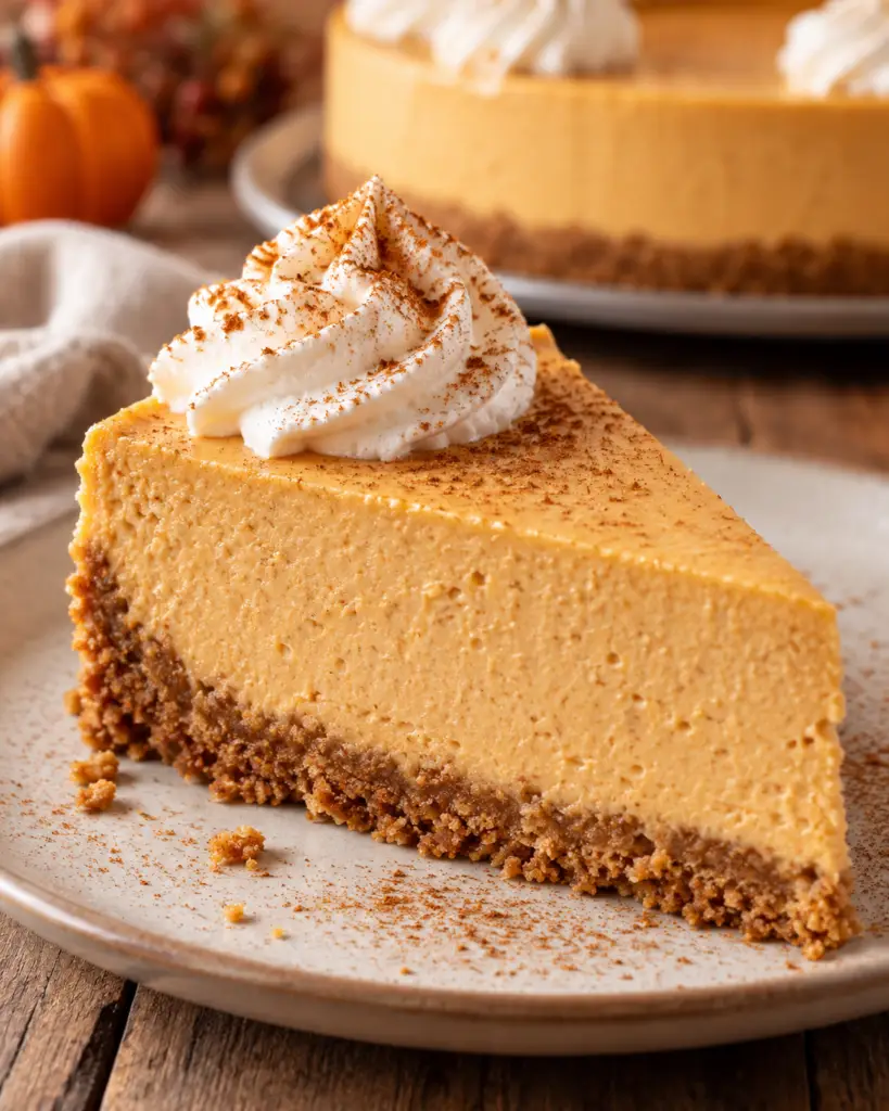 Close-up slice of creamy no-bake pumpkin cheesecake with a graham cracker crust and cinnamon whipped cream.