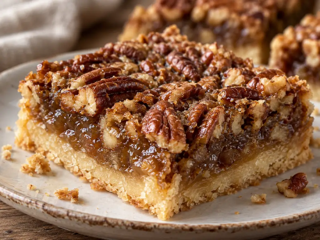 pecan pie bar with toasted pecans, gooey brown sugar filling, and a thick buttery shortbread crust.