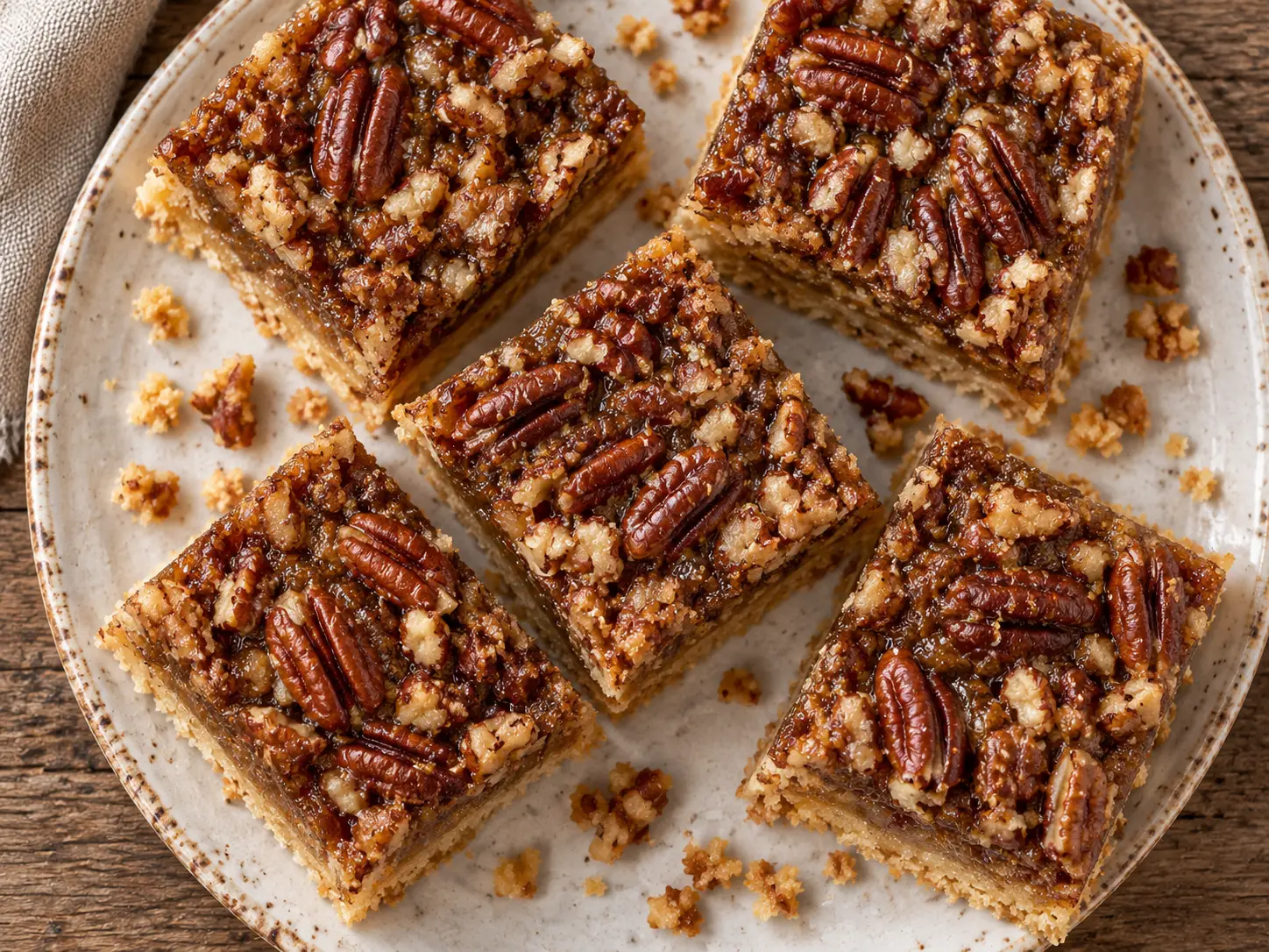 pecan pie bars- Pecan Pie Bars Overhead view of homemade pecan pie bars with a gooey brown sugar filling, toasted pecans, and buttery shortbread crust.