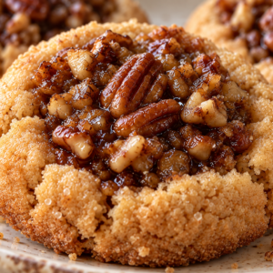 pecan pie cookies- Pecan Pie Cookies Close-up of three pecan pie thumbprint cookies with glossy toasted pecan filling on an ivory ceramic plate.