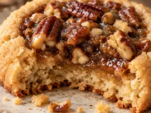 Pecan pie thumbprint cookie with a bite removed, showing its tender brown sugar crumb and pecan filling.