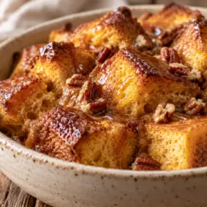 Homemade pumpkin bread pudding with maple vanilla sauce and toasted pecans in a rustic bowl.