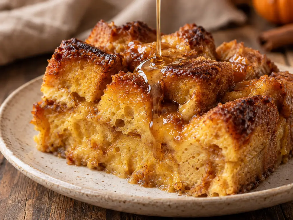 Warm maple vanilla sauce pouring over moist pumpkin bread pudding with crisp golden edges.