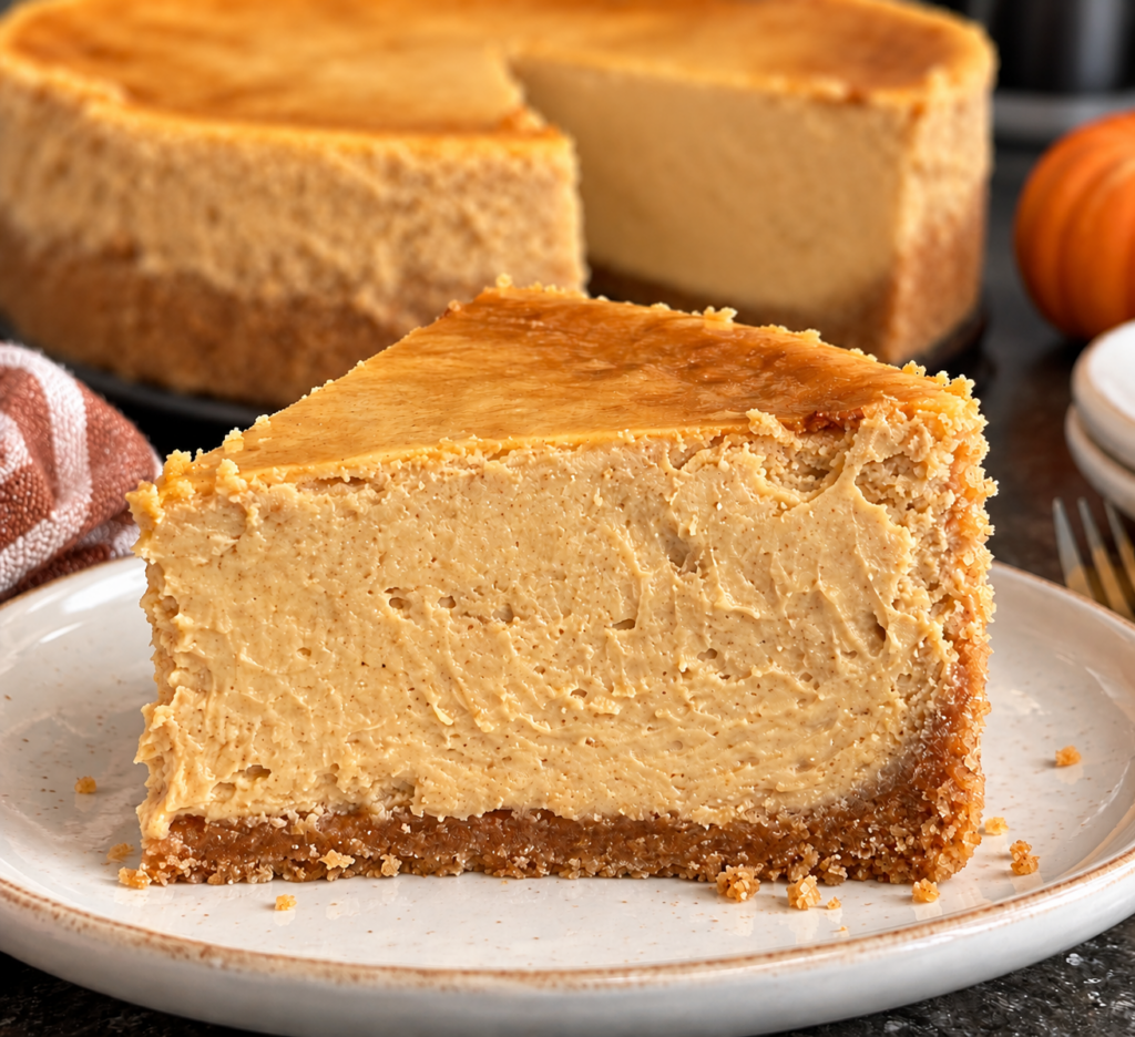 Creamy pumpkin cheesecake slice with a buttery graham cracker crust and rich pumpkin spice filling.