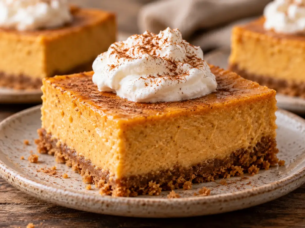 Close-up pumpkin cheesecake bar with creamy spiced pumpkin filling, graham cracker crust, whipped cream, and cinnamon.