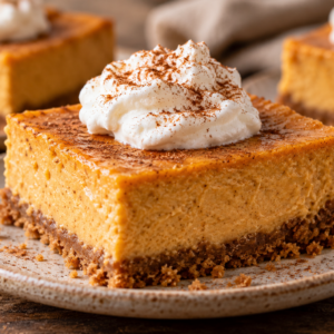 pumpkin cheesecake bars- Pumpkin Cheesecake Bars With Graham Cracker Crust Close-up pumpkin cheesecake bar with creamy spiced pumpkin filling, graham cracker crust, whipped cream, and cinnamon.